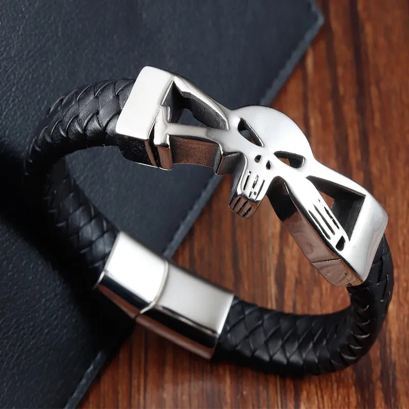 Hyperbole Men Jewelry Black Braided Leather Bracelets Stainless Steel Leahter Bracelets Cool Skull Bracelets Men Bracelet