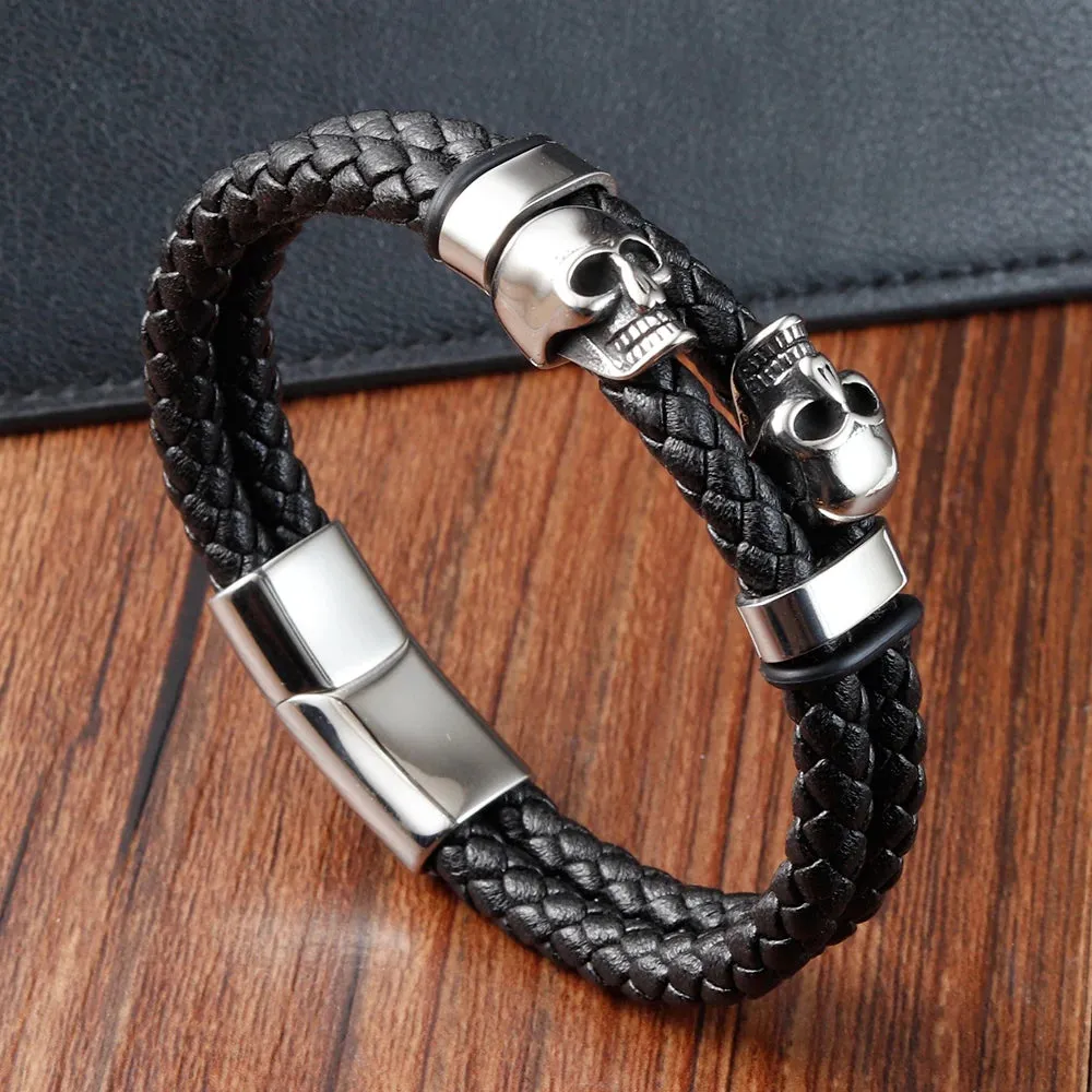 Hyperbole Men Jewelry Black Braided Leather Bracelets Stainless Steel Leahter Bracelets Cool Skull Bracelets Men Bracelet