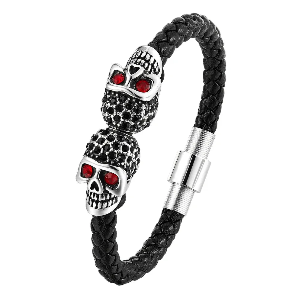 Hyperbole Men Jewelry Black Braided Leather Bracelets Stainless Steel Leahter Bracelets Cool Skull Bracelets Men Bracelet