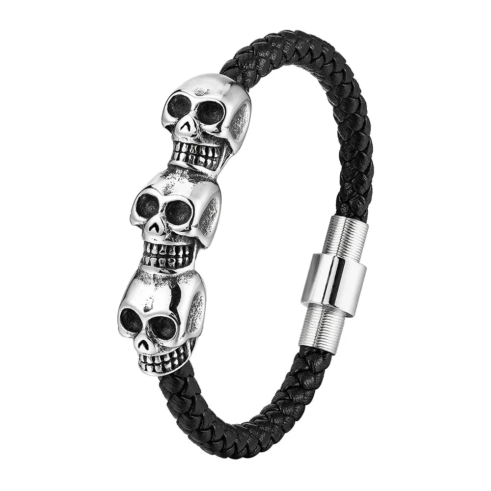 Hyperbole Men Jewelry Black Braided Leather Bracelets Stainless Steel Leahter Bracelets Cool Skull Bracelets Men Bracelet