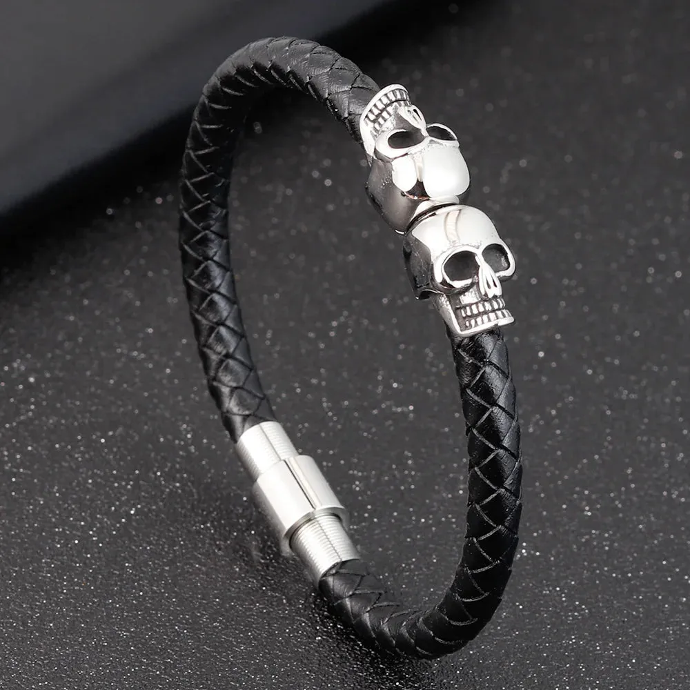 Hyperbole Men Jewelry Black Braided Leather Bracelets Stainless Steel Leahter Bracelets Cool Skull Bracelets Men Bracelet