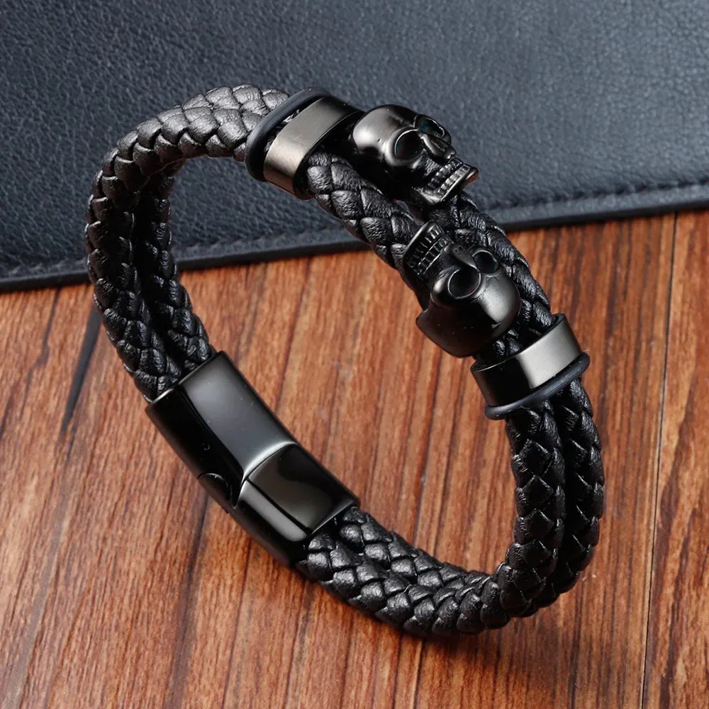 Hyperbole Men Jewelry Black Braided Leather Bracelets Stainless Steel Leahter Bracelets Cool Skull Bracelets Men Bracelet