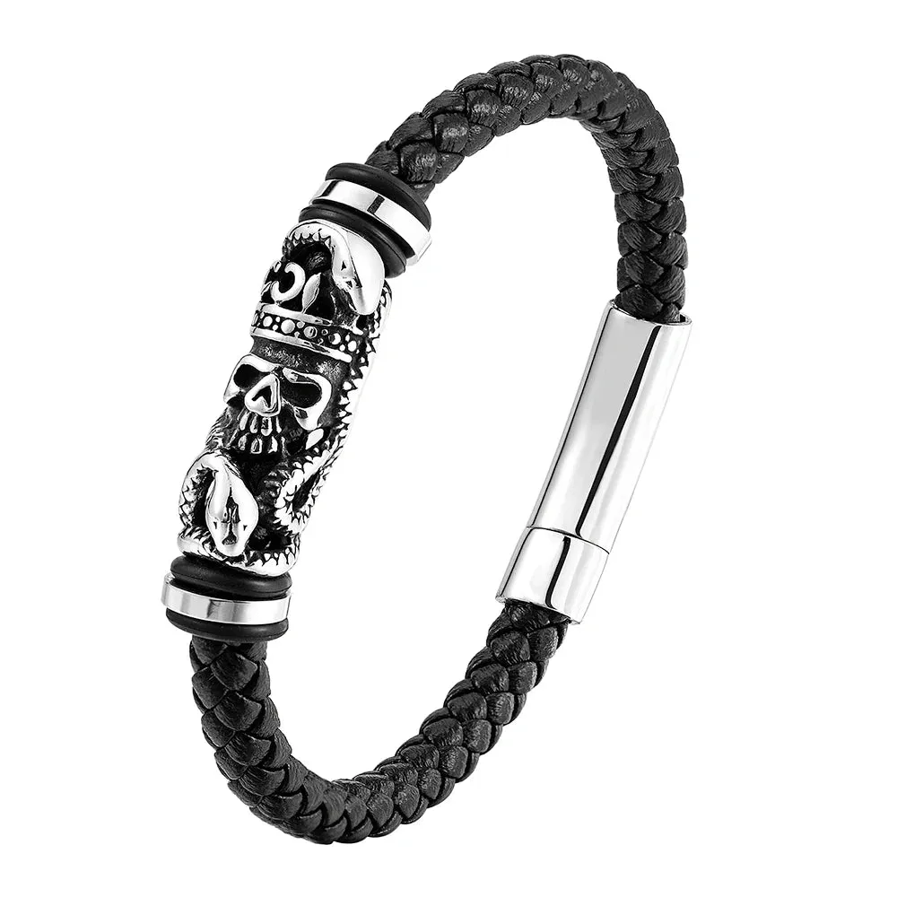 Hyperbole Men Jewelry Black Braided Leather Bracelets Stainless Steel Leahter Bracelets Cool Skull Bracelets Men Bracelet