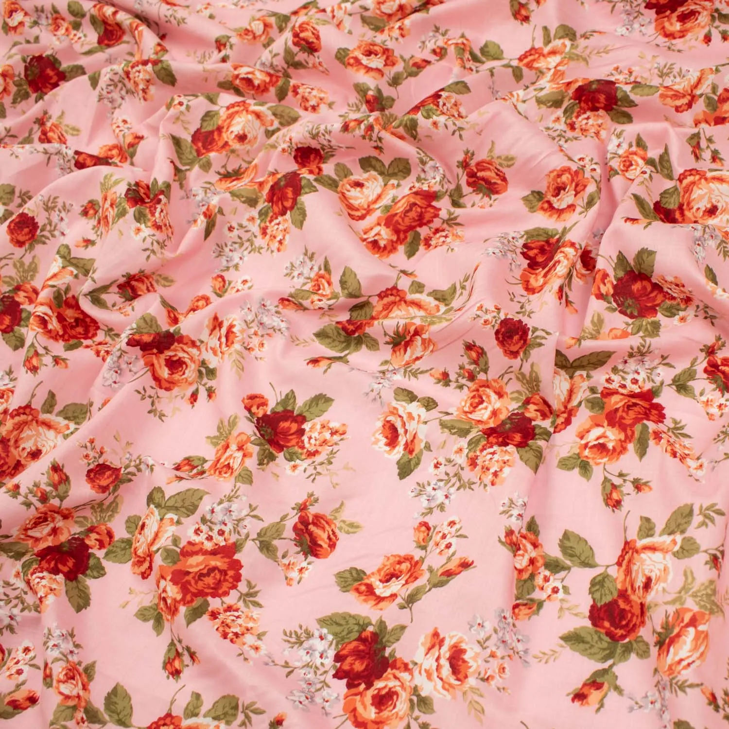 Japanese Pure Cotton Lawn Prints Design-181 Red Roses Blooms on Baby Pink