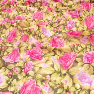 Japanese Pure Cotton Lawn Prints Design-200 Hot Pink Roses & Brown Leaves