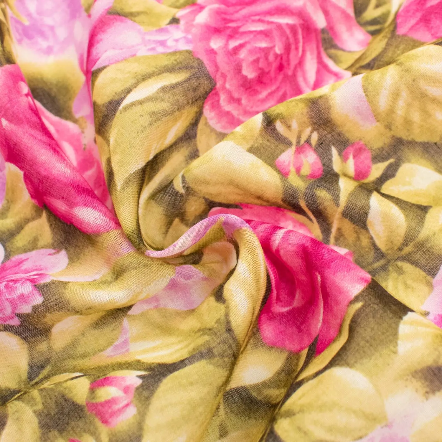 Japanese Pure Cotton Lawn Prints Design-200 Hot Pink Roses & Brown Leaves