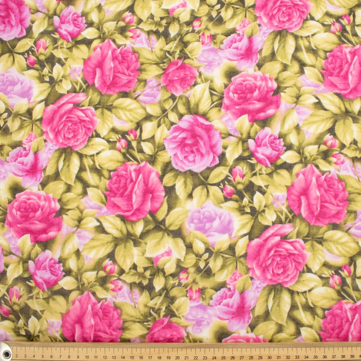 Japanese Pure Cotton Lawn Prints Design-200 Hot Pink Roses & Brown Leaves