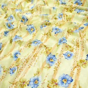 Japanese Pure Cotton Lawn Prints Design-216 Blue Flowers & Latte Stripes on Pale Green