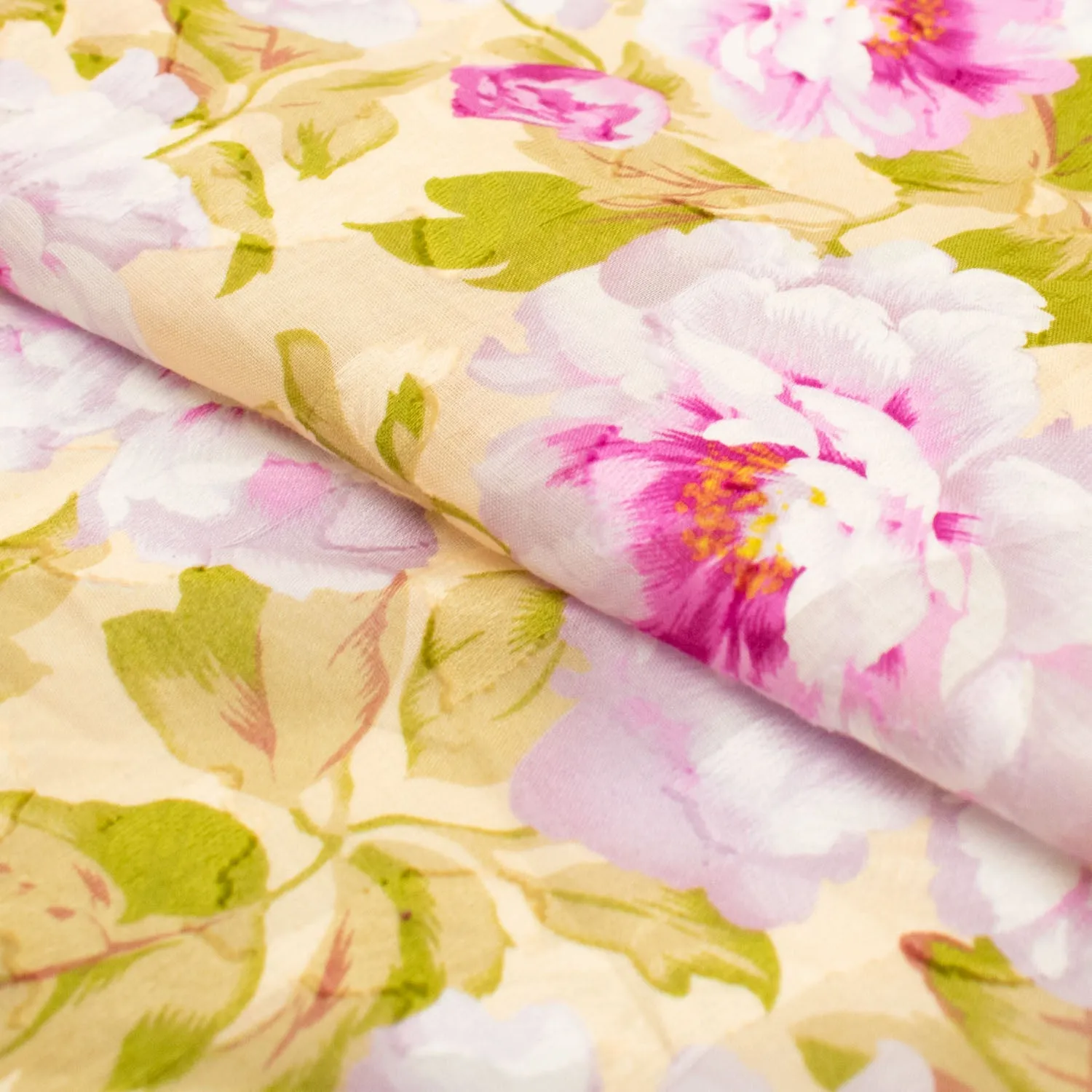 Japanese Pure Cotton Lawn Prints Design-217 Large Pink Flowers on Pale Yellow