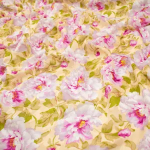 Japanese Pure Cotton Lawn Prints Design-217 Large Pink Flowers on Pale Yellow