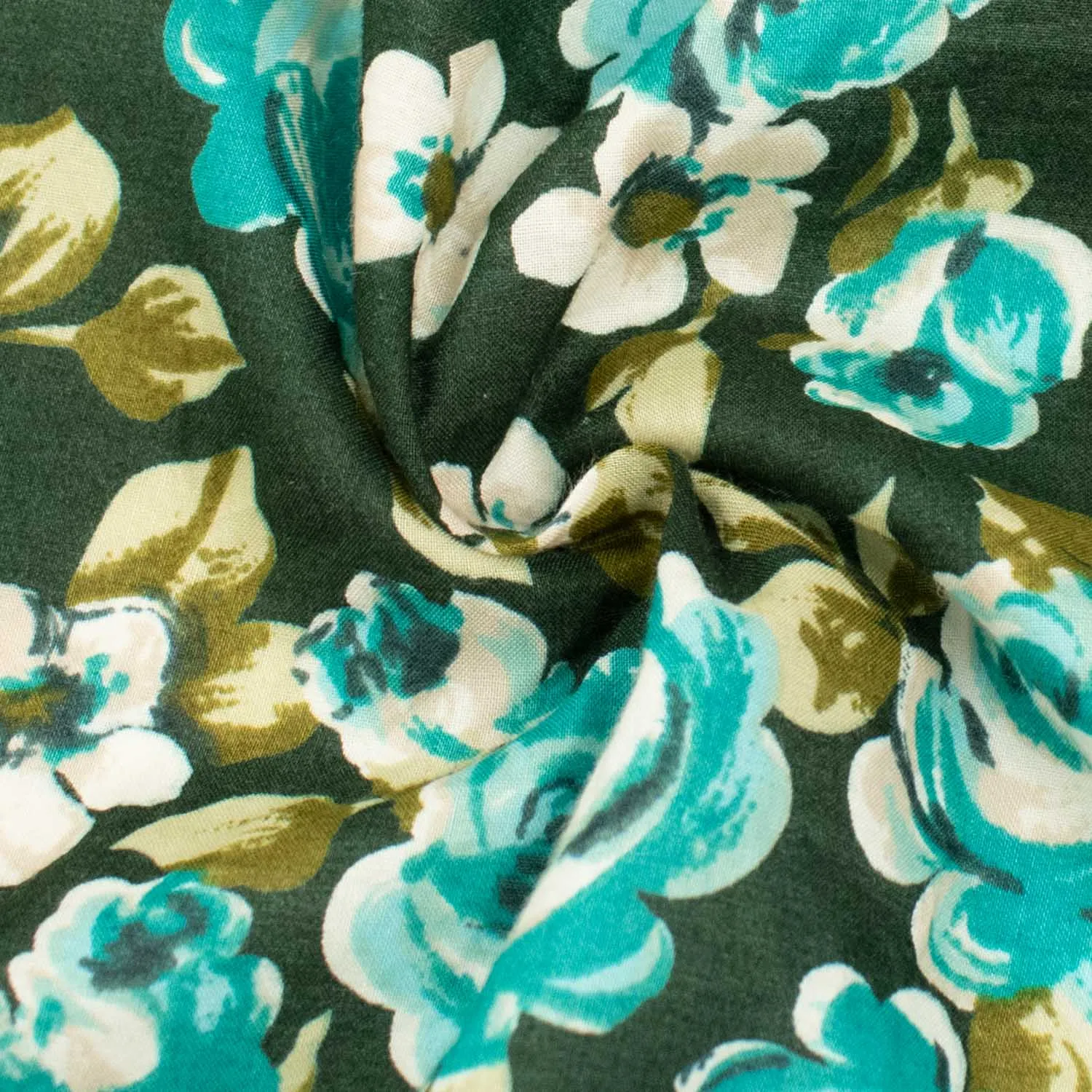 Japanese Pure Cotton Lawn Prints DF-223 Turquoise Roses on Dark Green