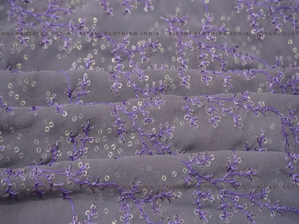 Mauve Floral Thread Embroidered Chiffon Fabric