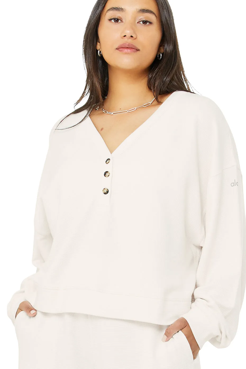 Micro Waffle Pleasant Cropped Henley - Ivory