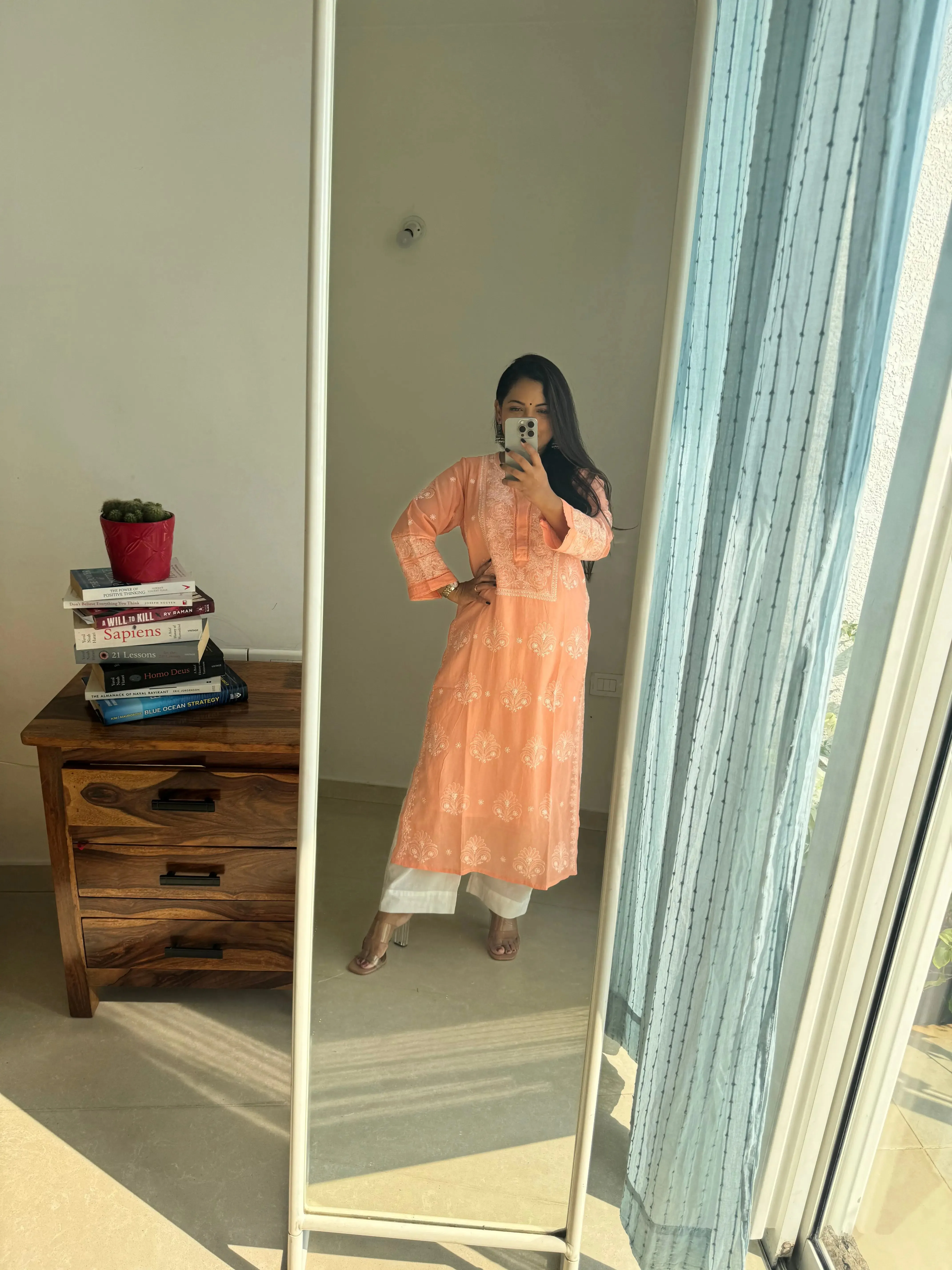 Mul Cotton Chikankari Kurti - Peach