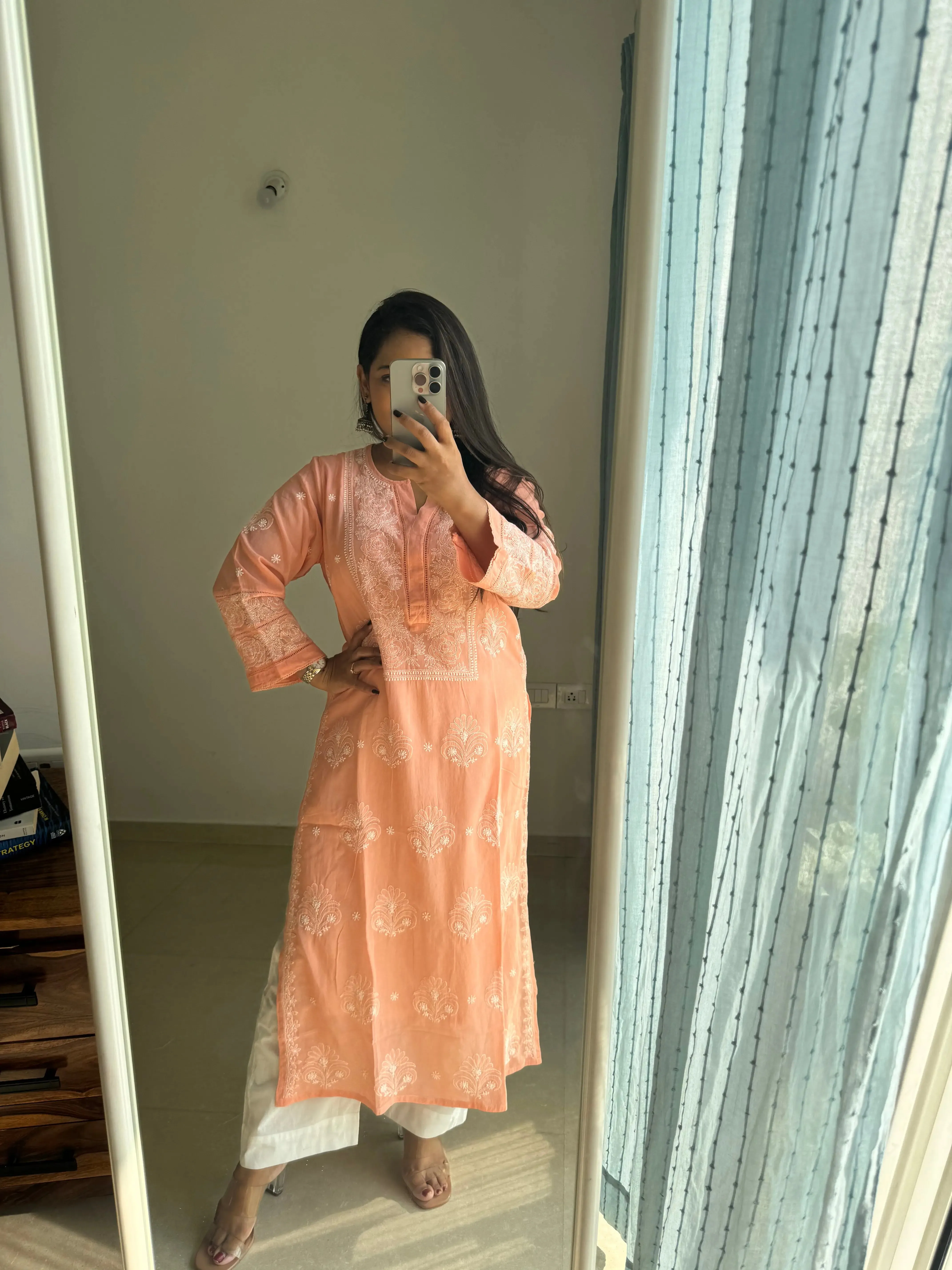 Mul Cotton Chikankari Kurti - Peach