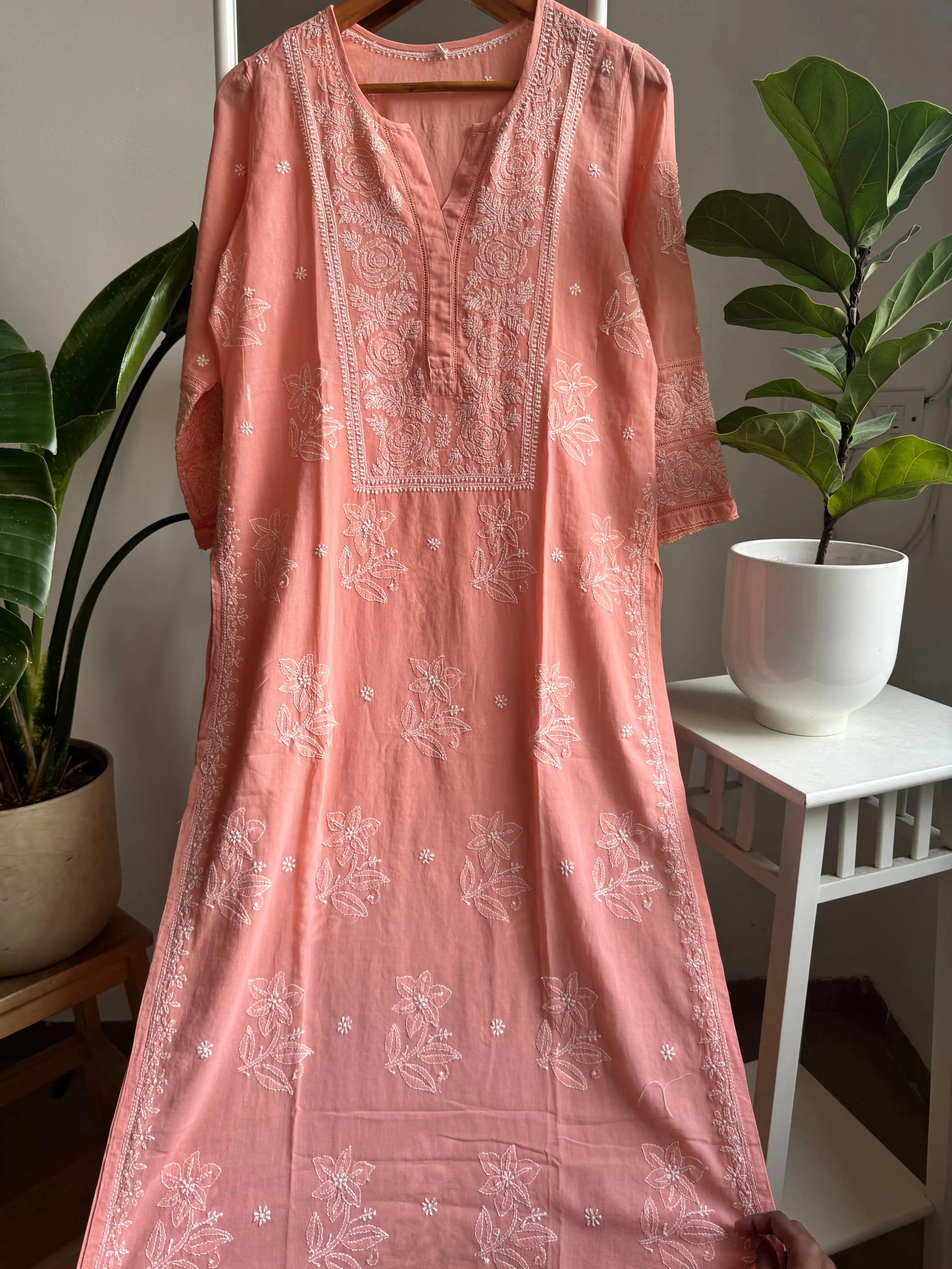 Mul Cotton Chikankari Kurti - Peach