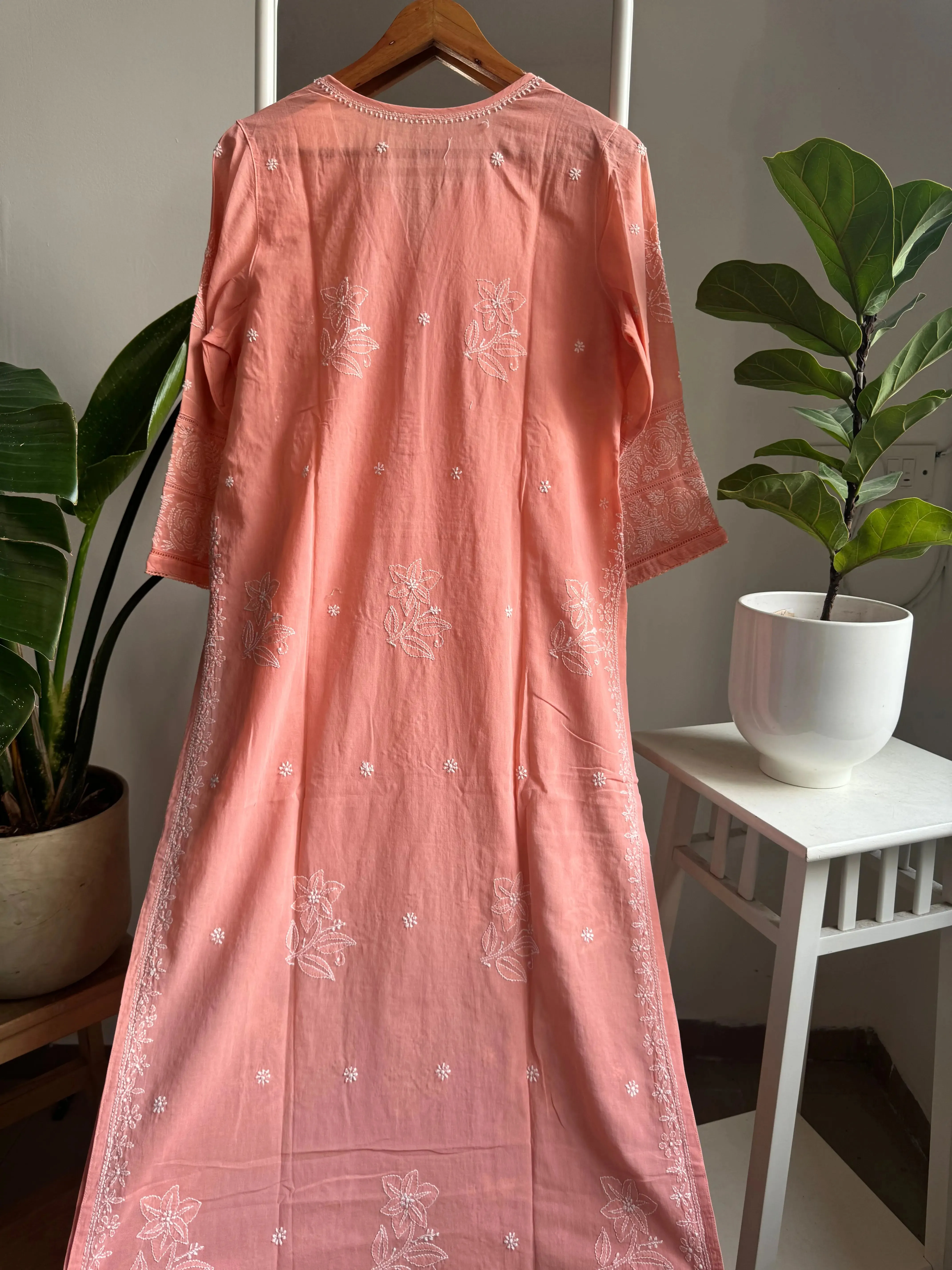 Mul Cotton Chikankari Kurti - Peach