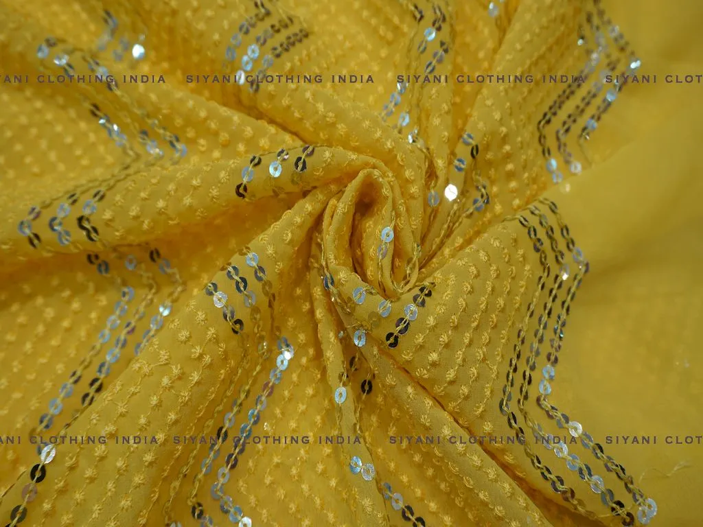 Mustard Sequins And Thread Embroidered Chiffon Fabric