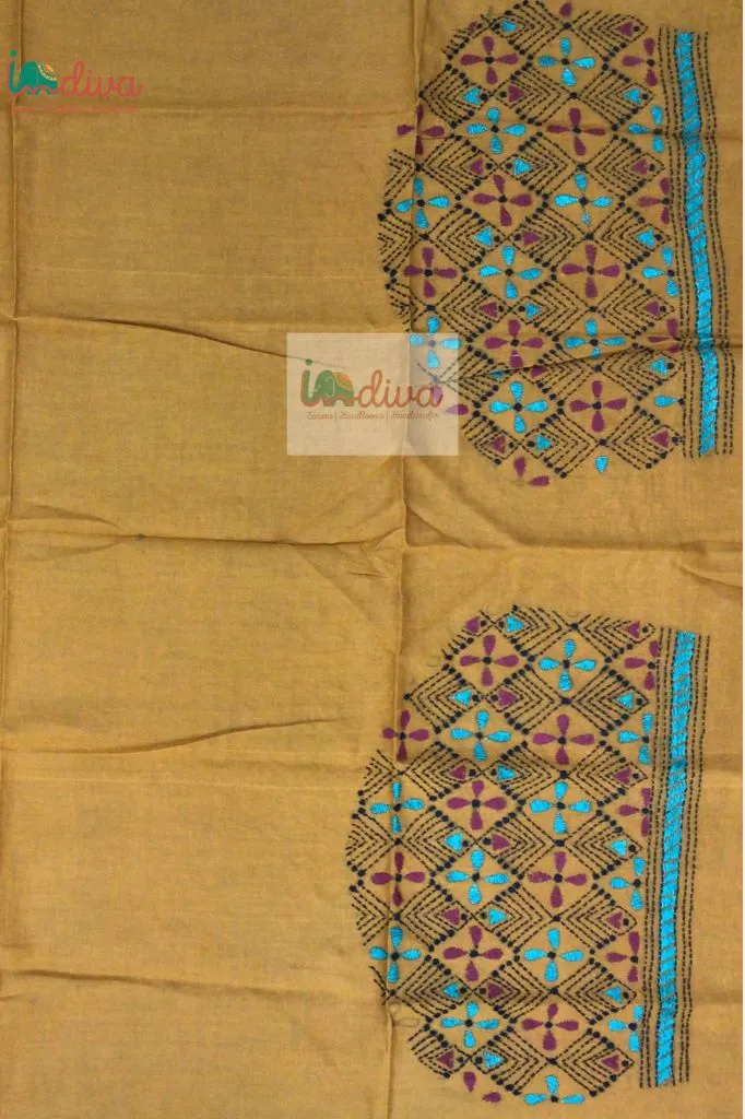 Mustard Yellow Kantha Blouse Fabric With Pink, Black & Green Motifs