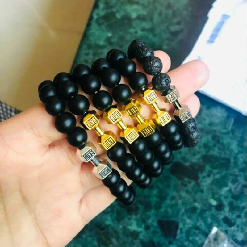 Natural Black Volcanic Lava Stone Dumbbell Bracelet black Matte Beads Bracelets For Women Men Fitness Barbell Jewelry Pulseras