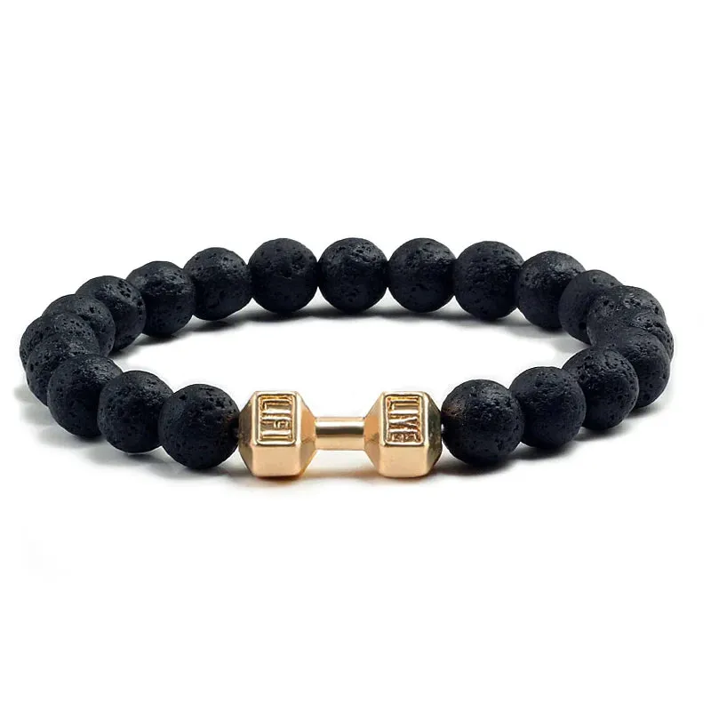 Natural Black Volcanic Lava Stone Dumbbell Bracelet black Matte Beads Bracelets For Women Men Fitness Barbell Jewelry Pulseras