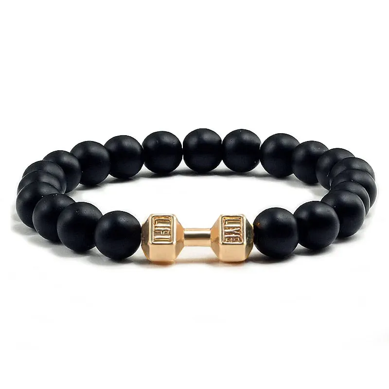 Natural Black Volcanic Lava Stone Dumbbell Bracelet black Matte Beads Bracelets For Women Men Fitness Barbell Jewelry Pulseras