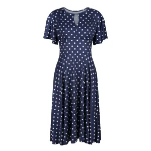 Navy White Polka Dot Waterfall Sleeve Swing Dress