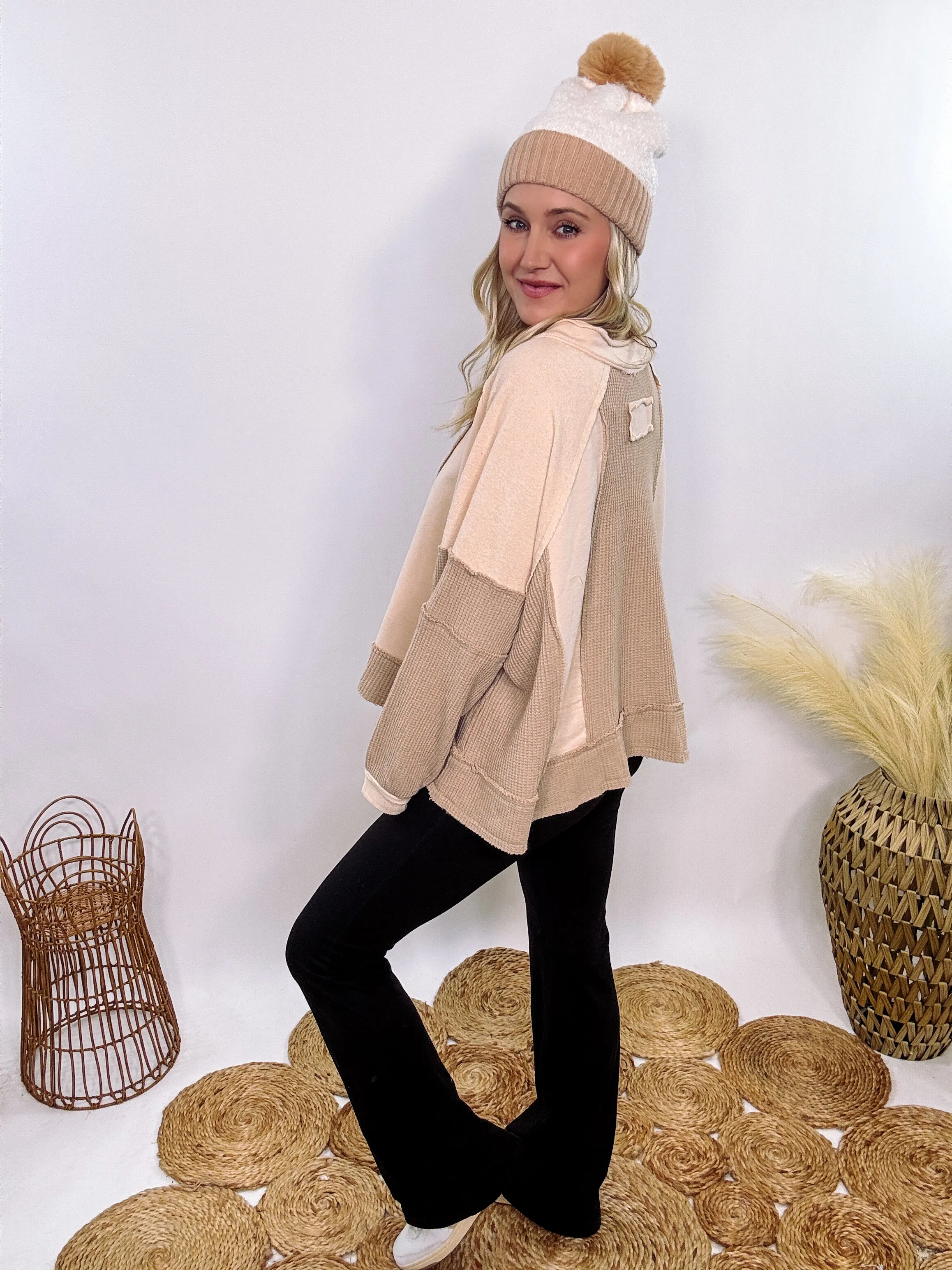 Neutral Beige Mixed Fabric Notched Neck Long Sleeve Oversized Knit Top