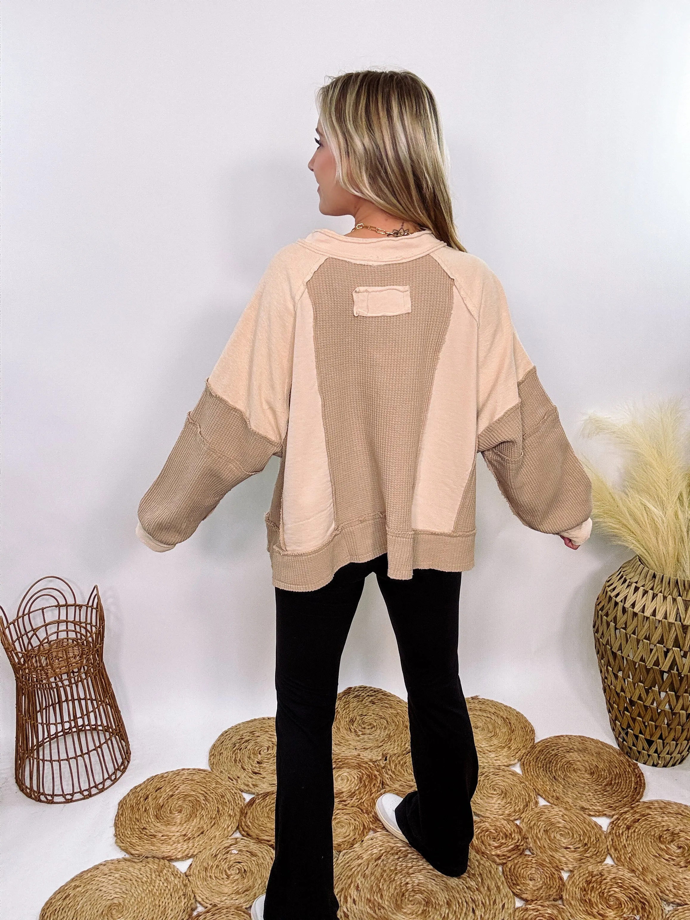 Neutral Beige Mixed Fabric Notched Neck Long Sleeve Oversized Knit Top