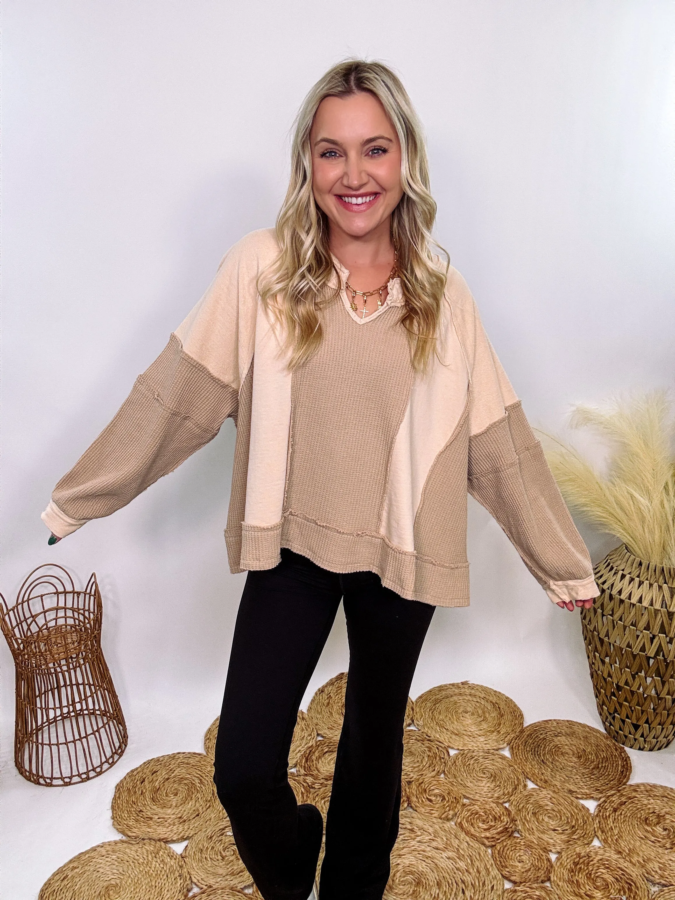 Neutral Beige Mixed Fabric Notched Neck Long Sleeve Oversized Knit Top