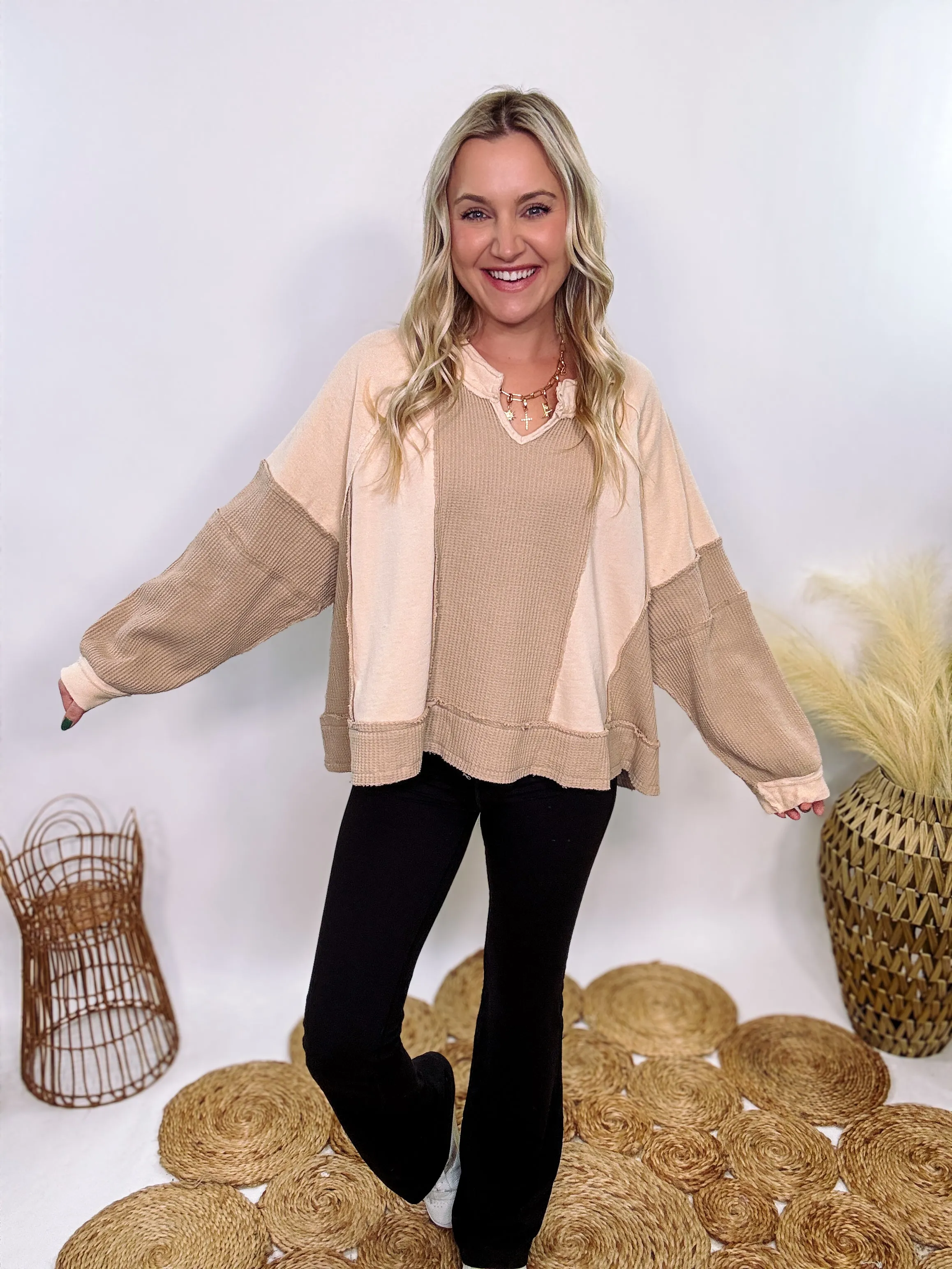 Neutral Beige Mixed Fabric Notched Neck Long Sleeve Oversized Knit Top