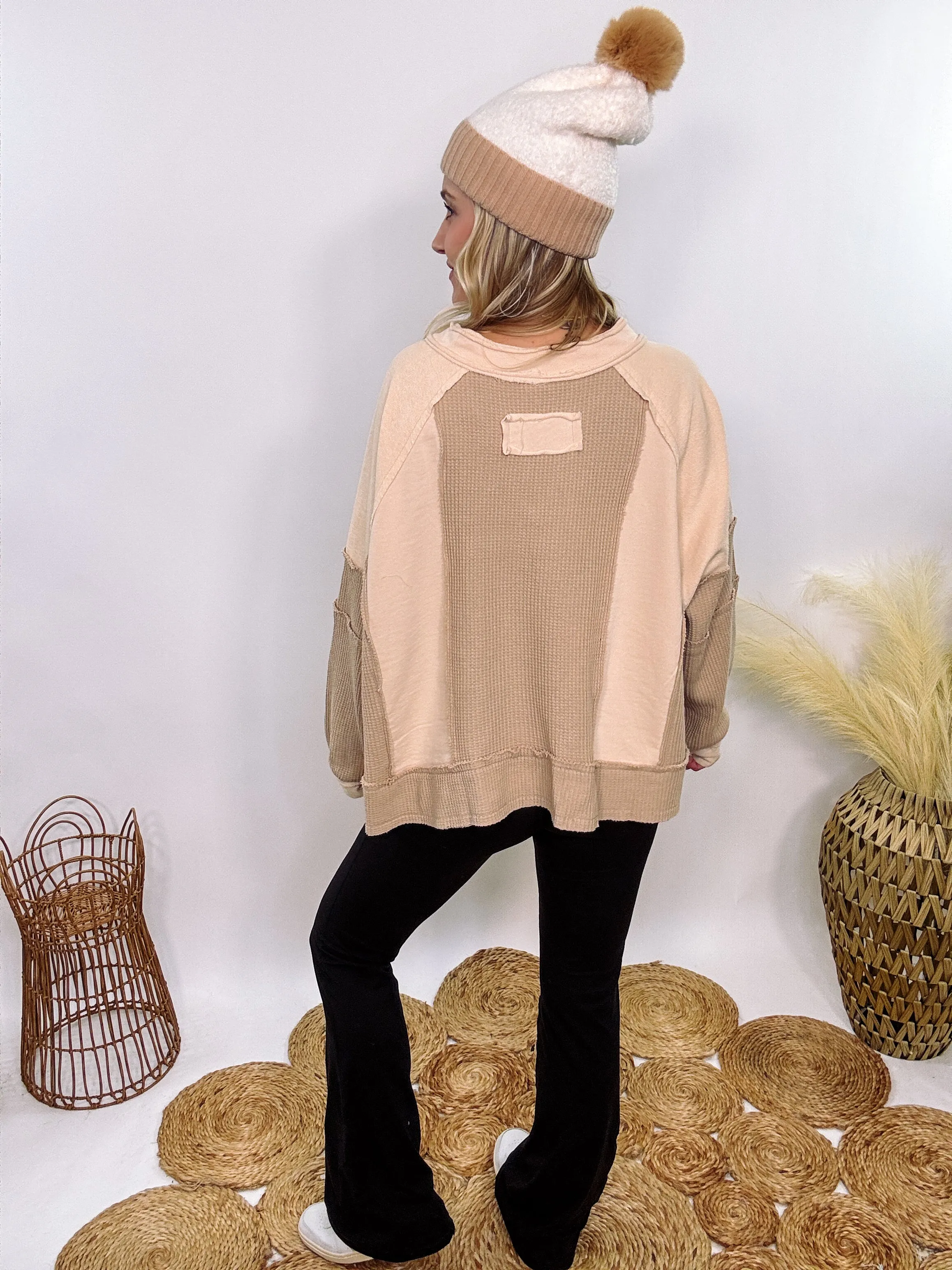 Neutral Beige Mixed Fabric Notched Neck Long Sleeve Oversized Knit Top