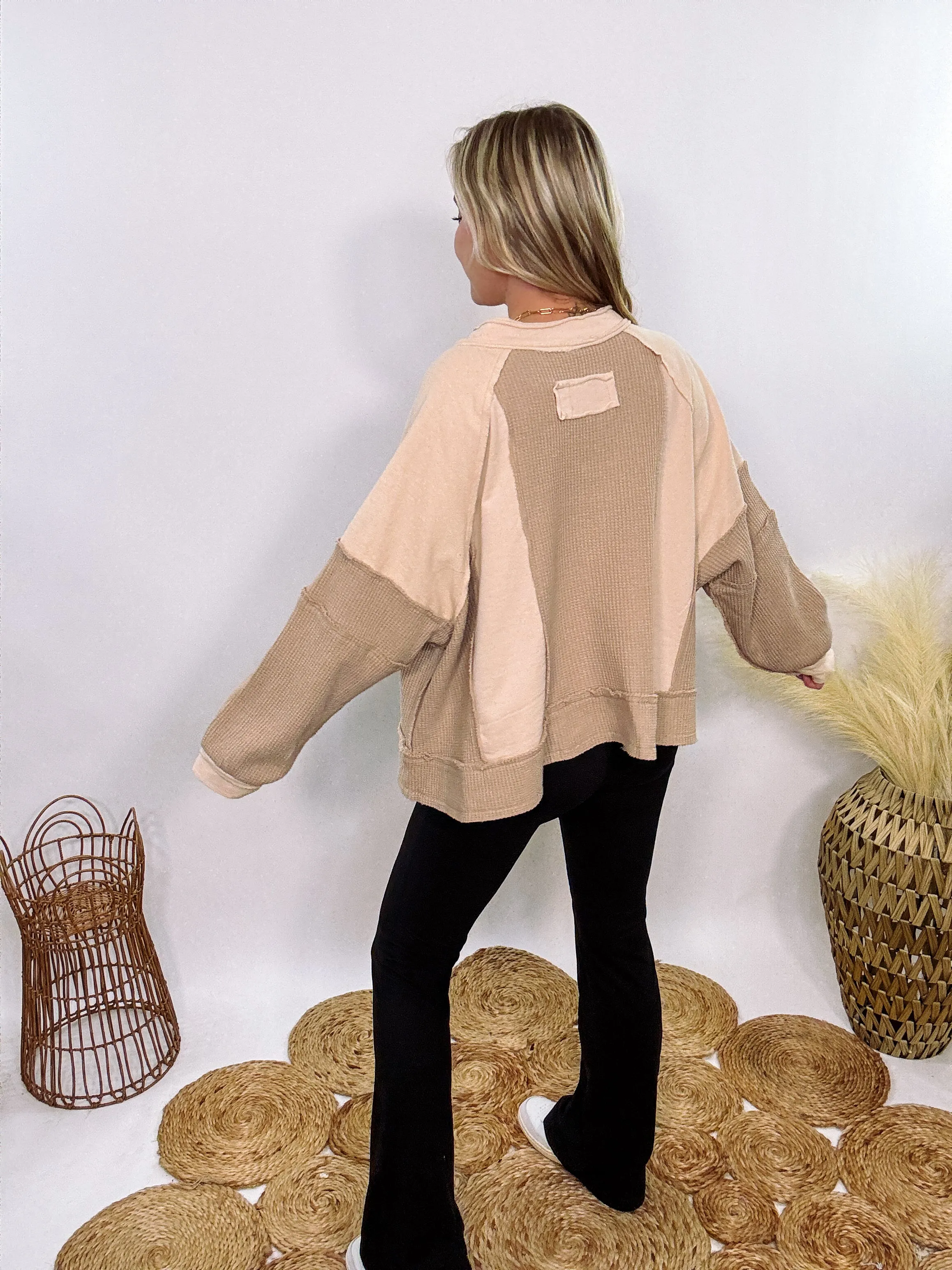 Neutral Beige Mixed Fabric Notched Neck Long Sleeve Oversized Knit Top