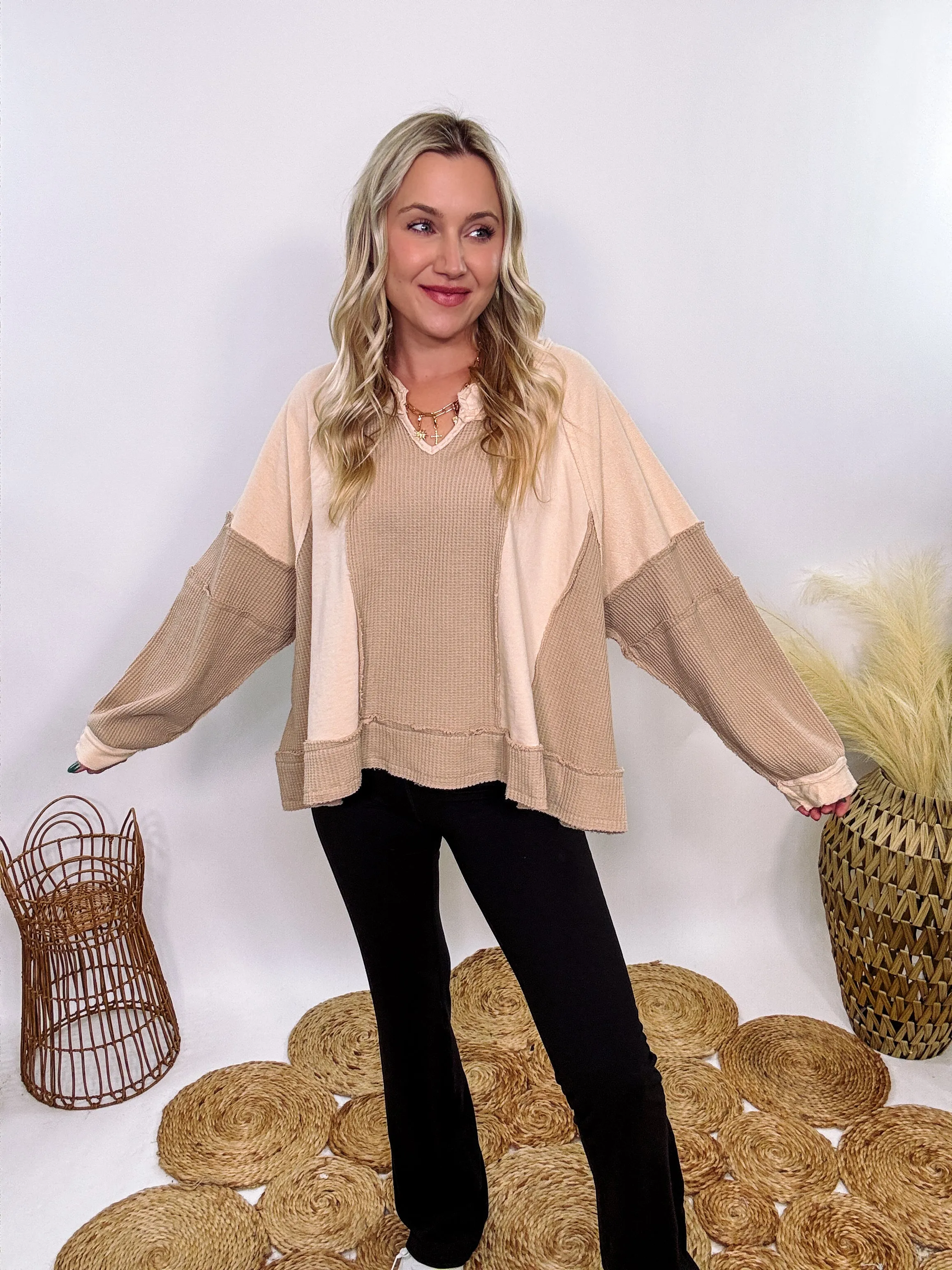 Neutral Beige Mixed Fabric Notched Neck Long Sleeve Oversized Knit Top