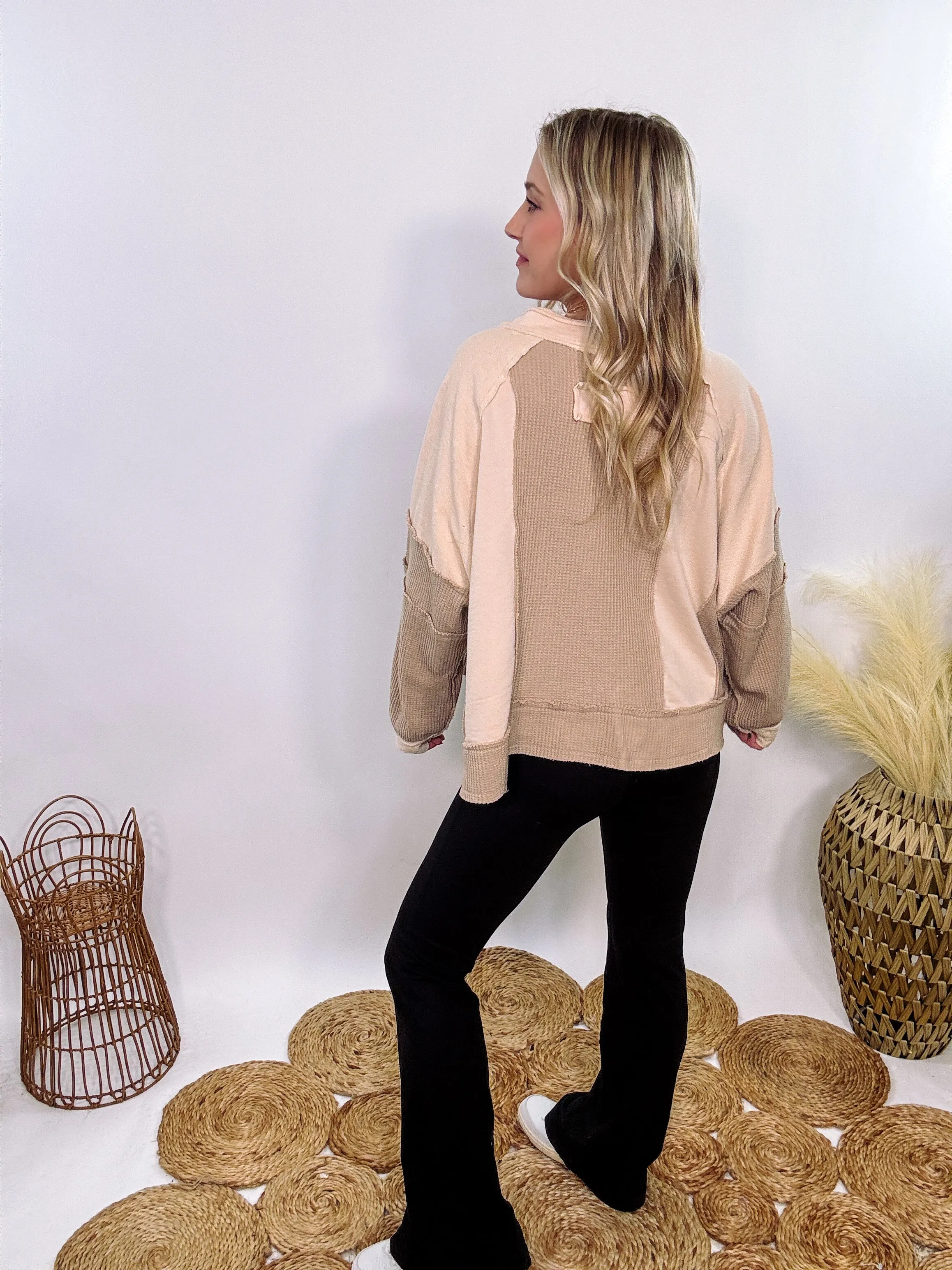 Neutral Beige Mixed Fabric Notched Neck Long Sleeve Oversized Knit Top