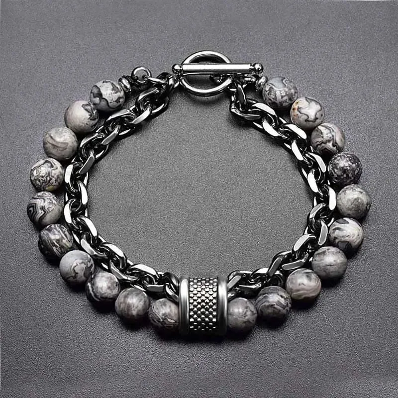 New 2020 Men's Tiger Eye Stone Beaded Bracelet Stainless Steel Gunmetal Link Chain Yoga Bracelet Male Jewelry Dropshipping