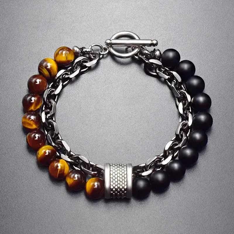 New 2020 Men's Tiger Eye Stone Beaded Bracelet Stainless Steel Gunmetal Link Chain Yoga Bracelet Male Jewelry Dropshipping