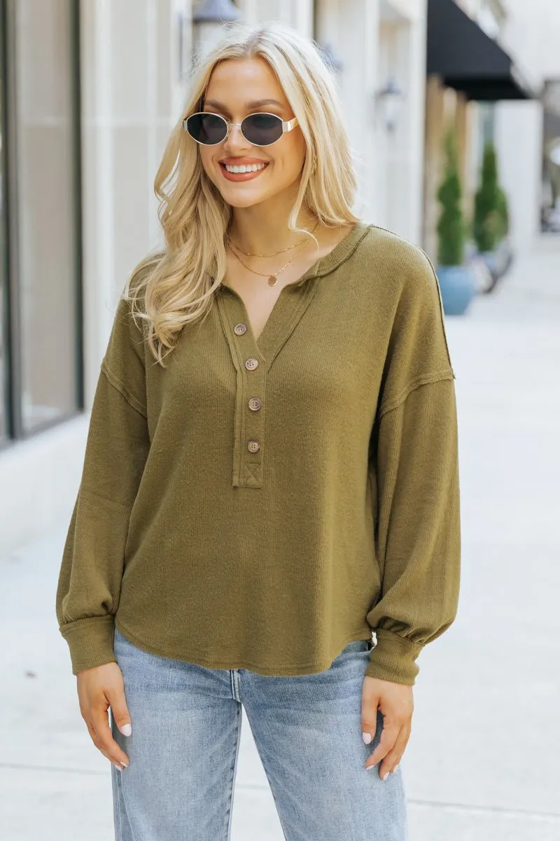 Olive Seam Detail Button Up Top - DOORBUSTER