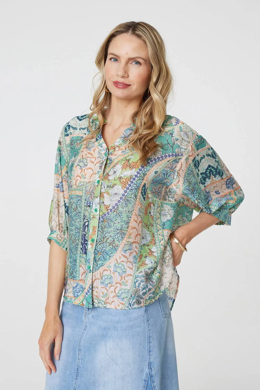 Paisley 3/4 Collarless Blouse