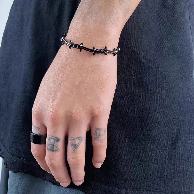 Personality Fashion Thorn Line Geometric Sleeve Barbed Wire Open Bangle for Men Punk Bracelet Trend Jewelry Gift