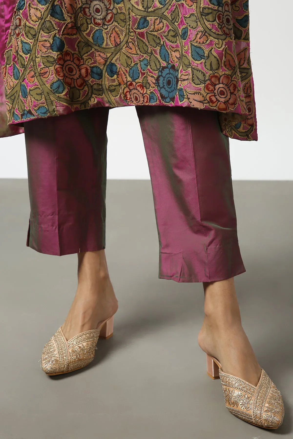 Pink Kalamkari Applique Silk Tops With Kanchi Cotton Pants