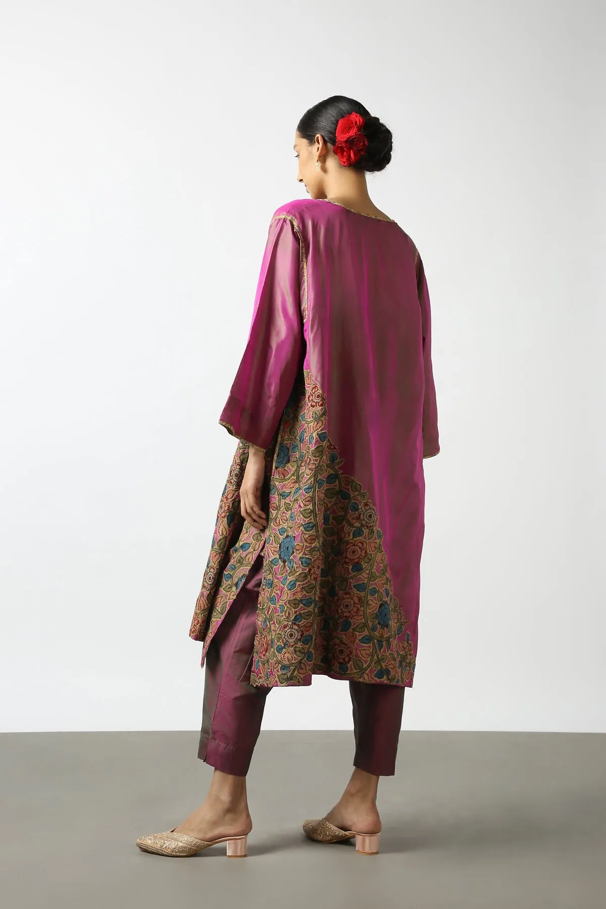 Pink Kalamkari Applique Silk Tops With Kanchi Cotton Pants