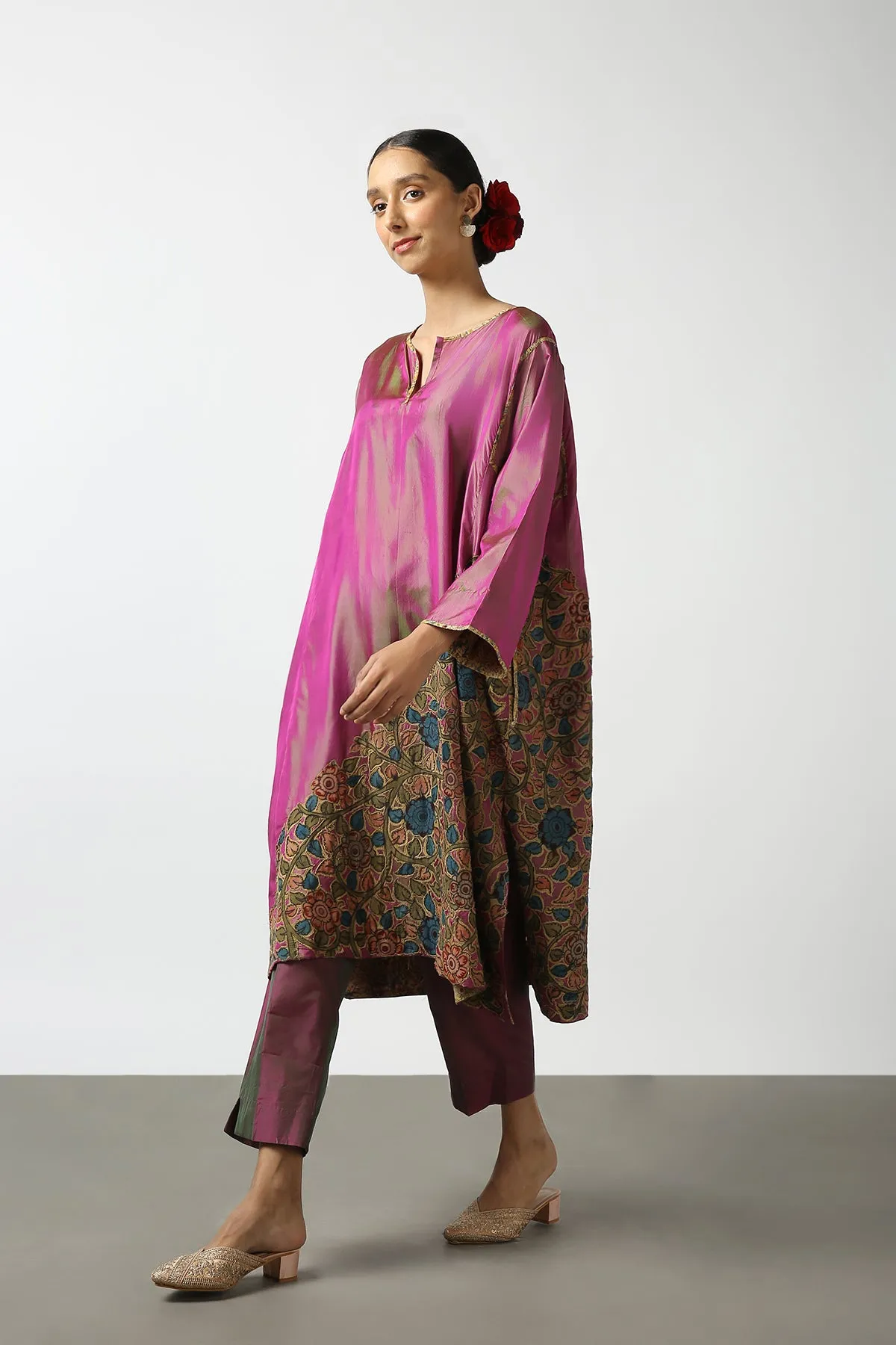 Pink Kalamkari Applique Silk Tops With Kanchi Cotton Pants