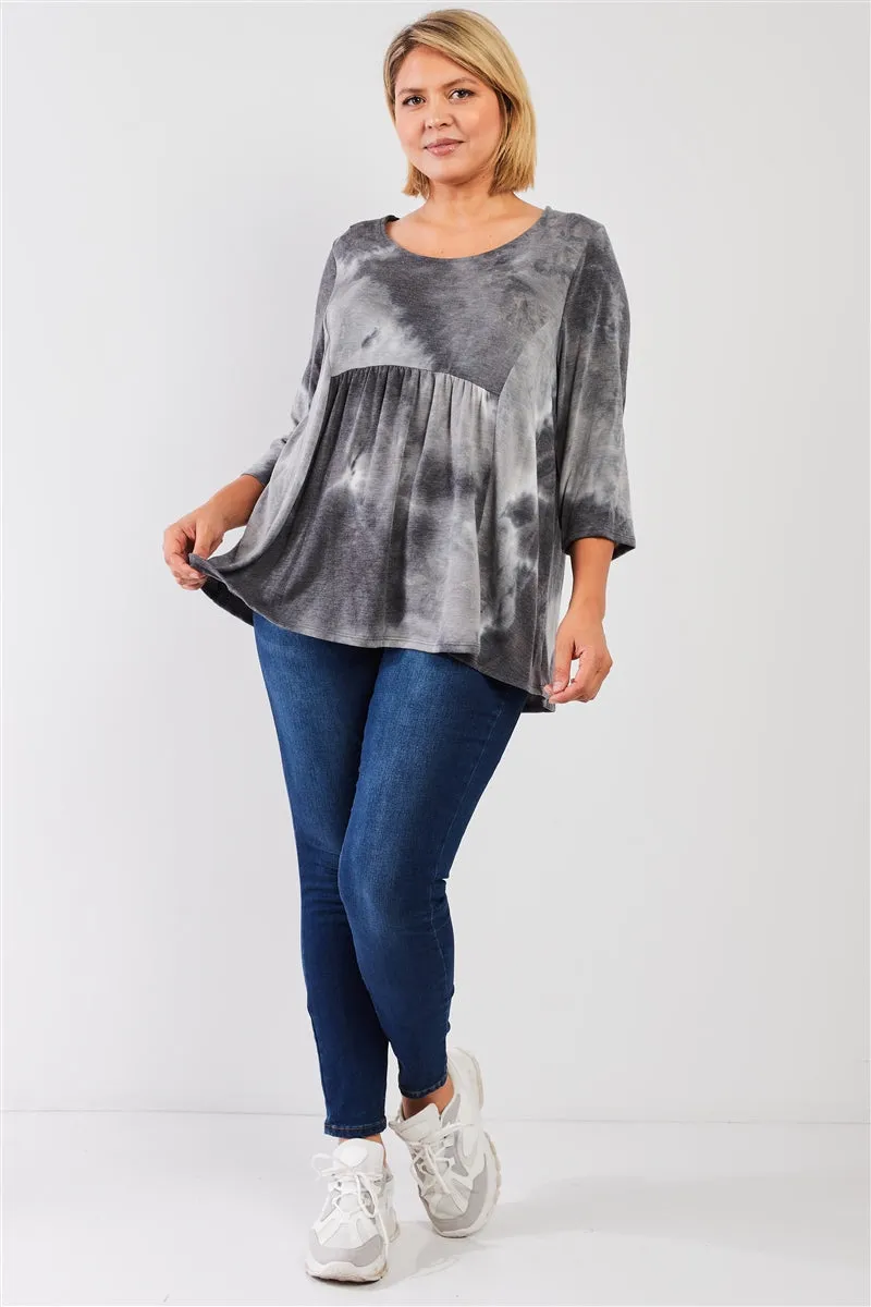 Plus Size Tie-dye Midi Sleeve Relaxed Flare Top