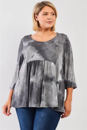 Plus Size Tie-dye Midi Sleeve Relaxed Flare Top