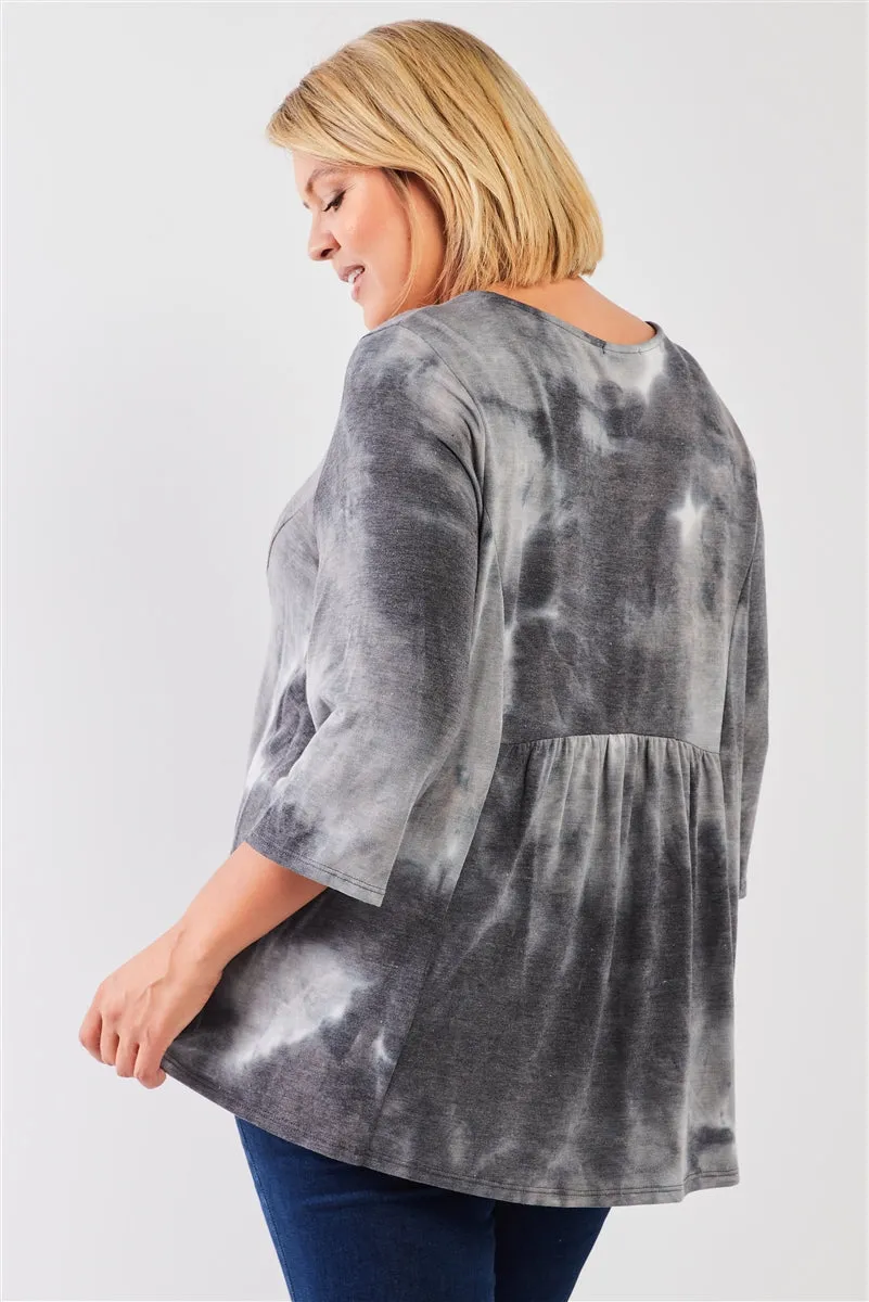 Plus Size Tie-dye Midi Sleeve Relaxed Flare Top