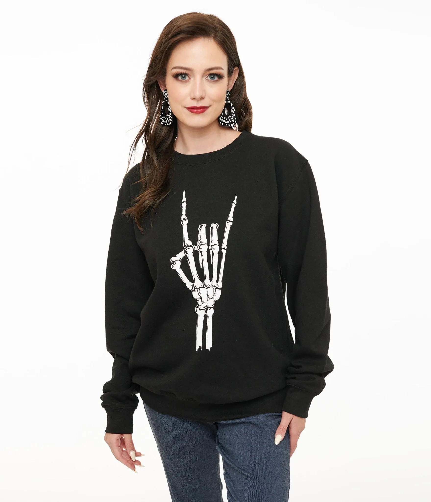 Pretty Attitude Clothing Metal Horns Skeleton Hand Sweatshirt