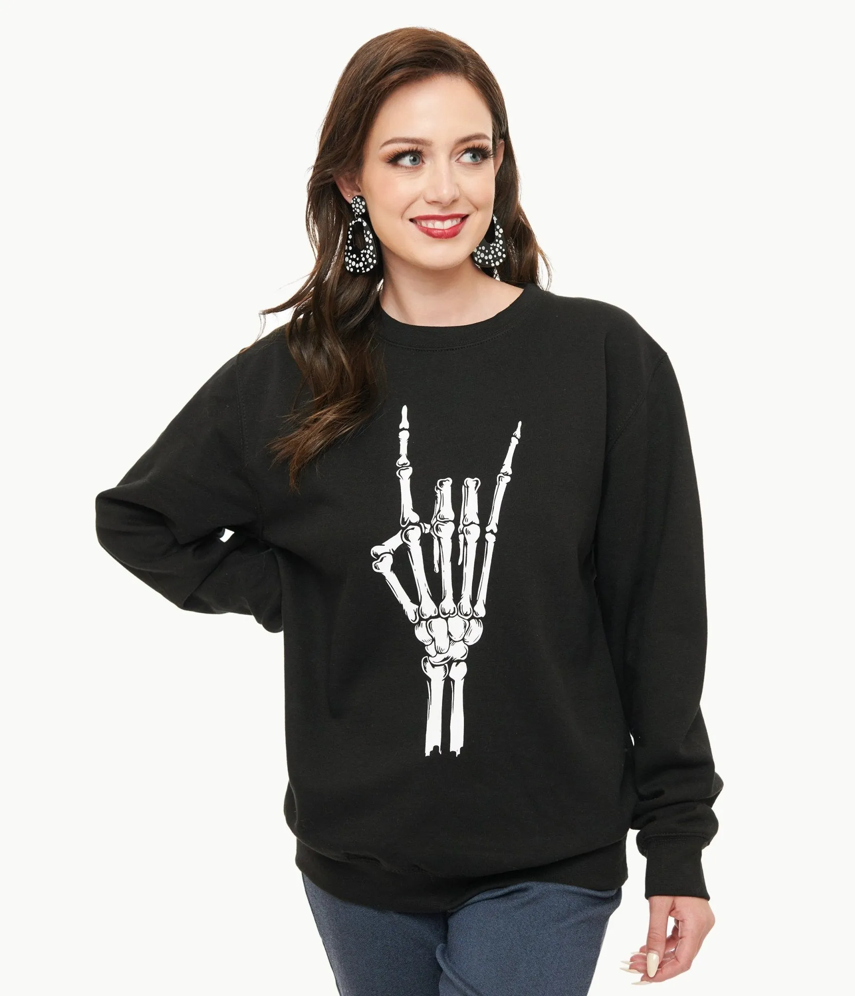 Pretty Attitude Clothing Metal Horns Skeleton Hand Sweatshirt