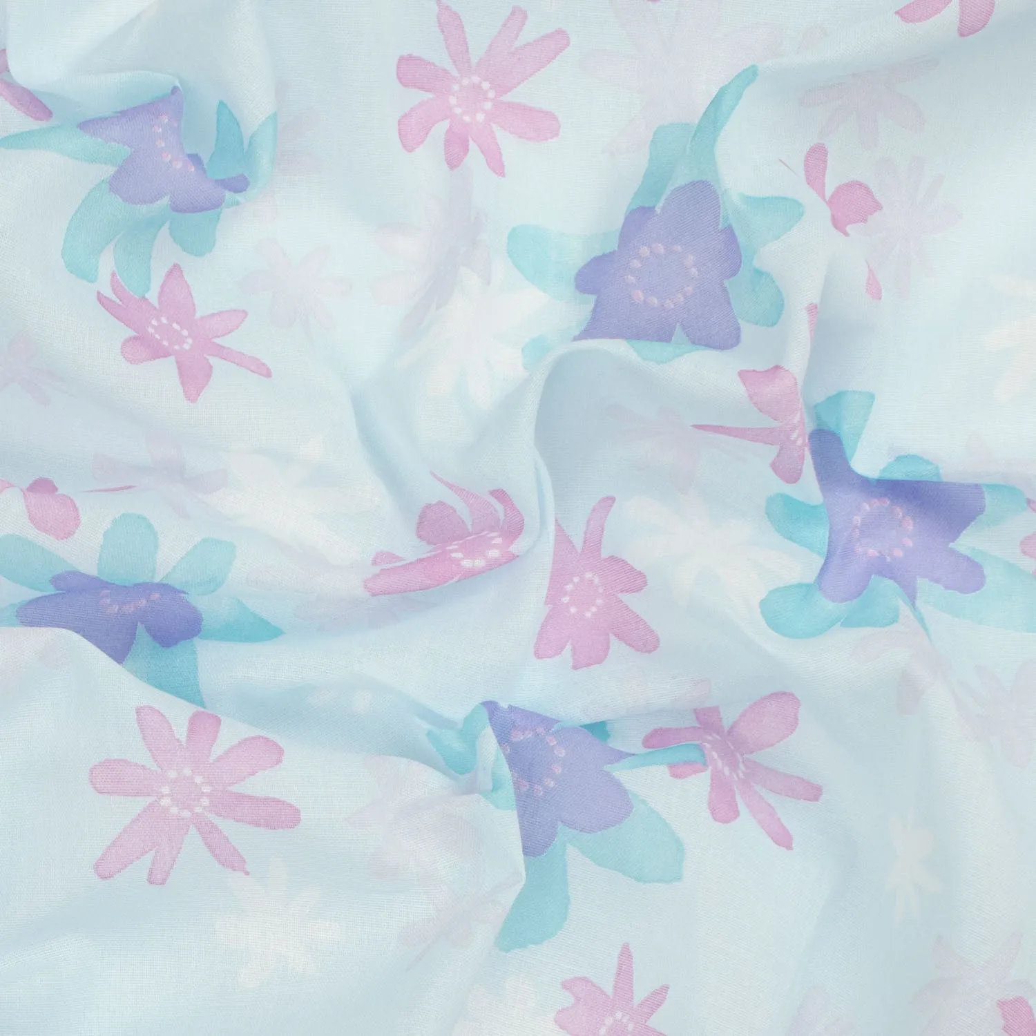 Printed Cotton Voile Design-60 Pink & Purple Flowers on Sky Blue