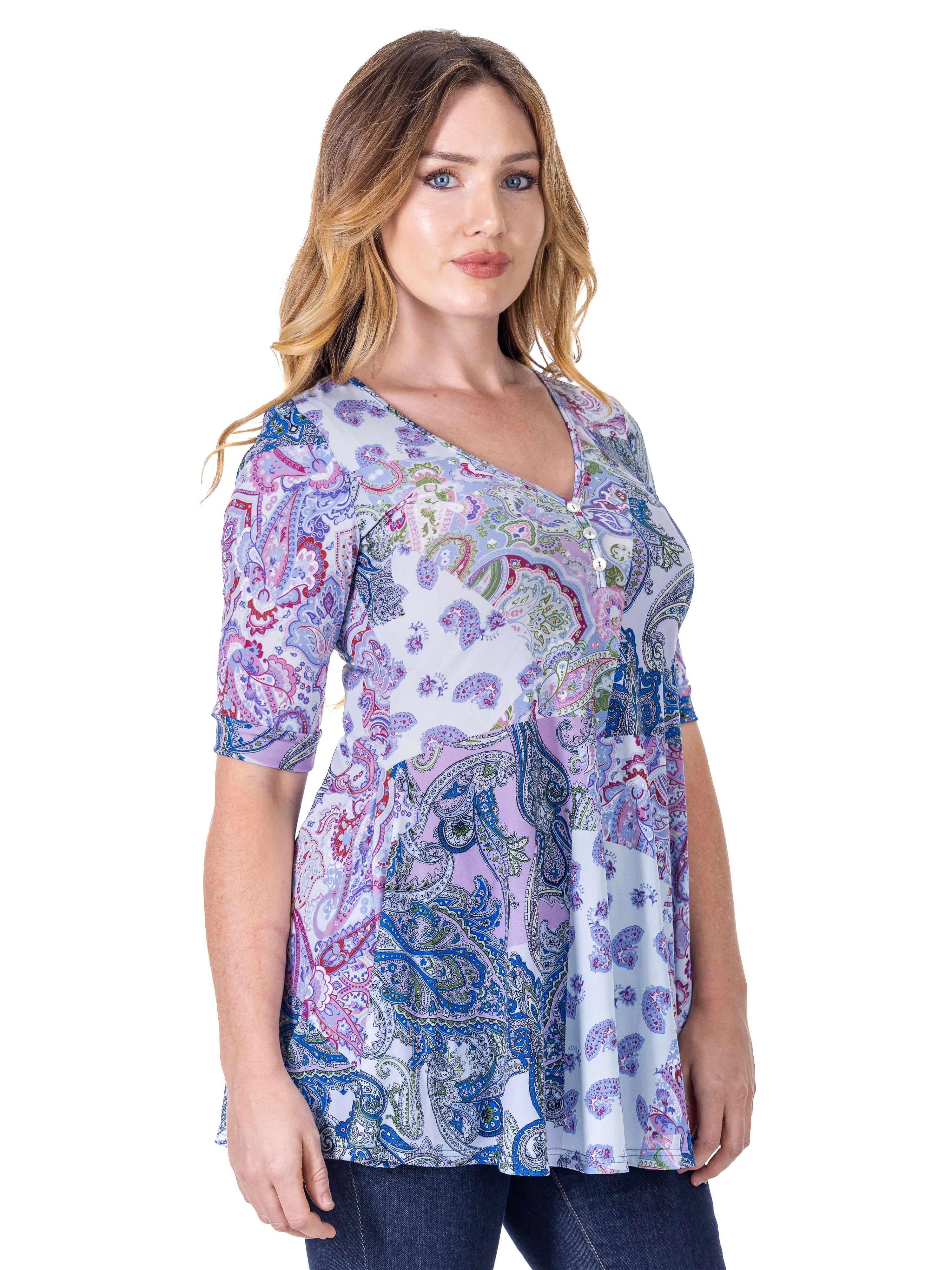 Purple Paisley Print Elbow Sleeve V Neck Henley Tunic Top